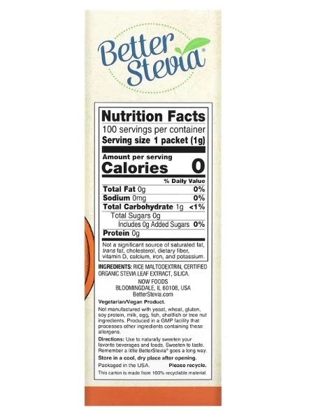 Adoçante com Zero Calorias, Original, 100 Pacotes, 100g, Better Stevia, Now