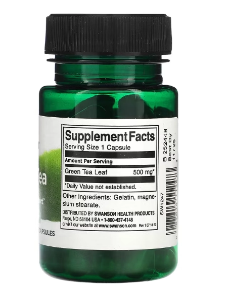 Green Tea, Chá verde, 500mg, 30 cápsulas, Swanson