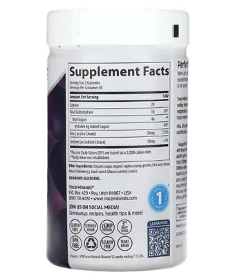 Zinco 30mg, 60 Gomas Sabor Elderberry, Trace Minerals