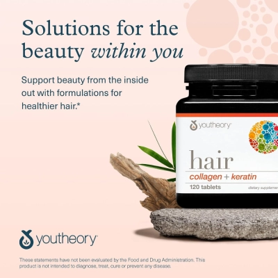 Hair Collagen + Keratin, Peptídeos de Colágeno Hidrolisado, 120 Tablets,  Youtheory 