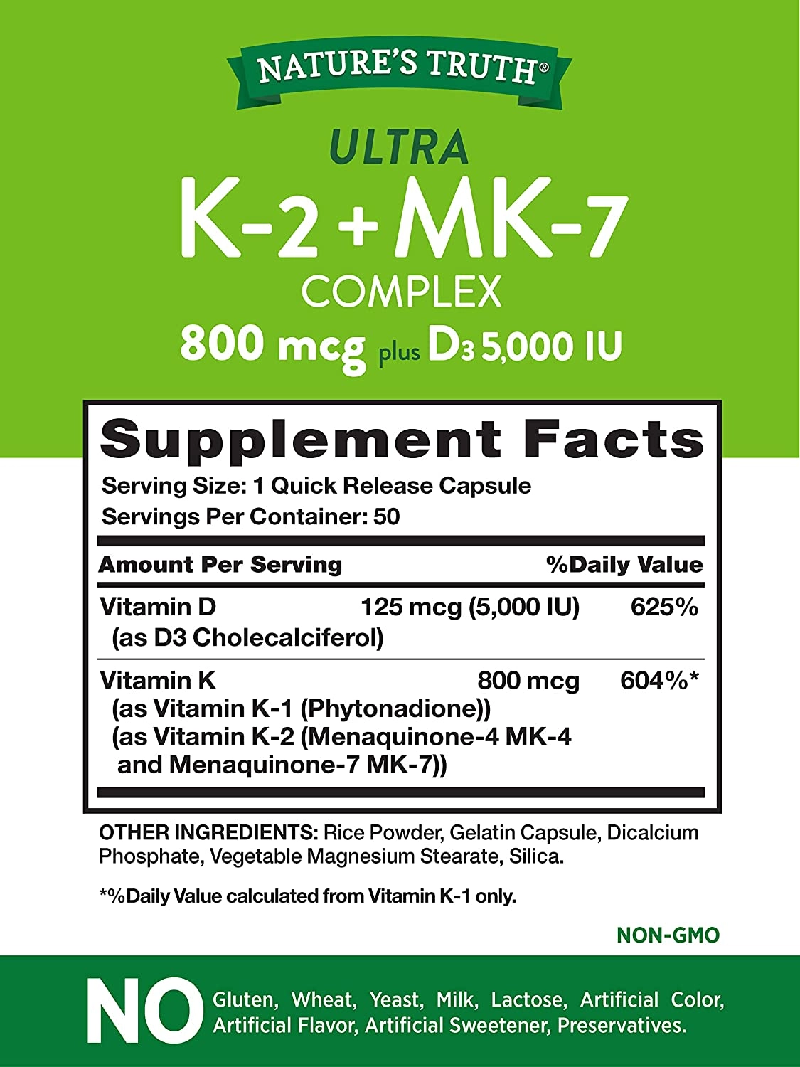 Complexo de Vitamina K2 e MK7 + D3, 800mcg, 50 Cápsulas, Nature's Truth