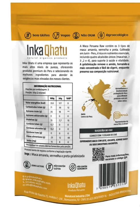 Raw Maca Peruana Gelatinizada em Pó, 100% Pura, 150g, Inka Qhatu