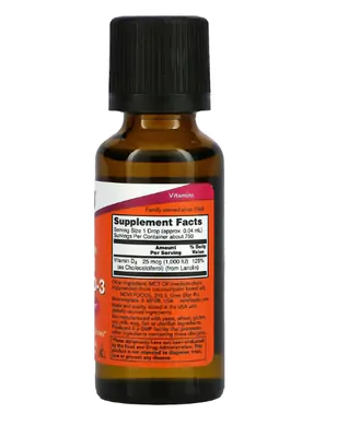 Vitamina D3 Líquida, Força Extra, 25mcg 1000UI, 30ml, Now