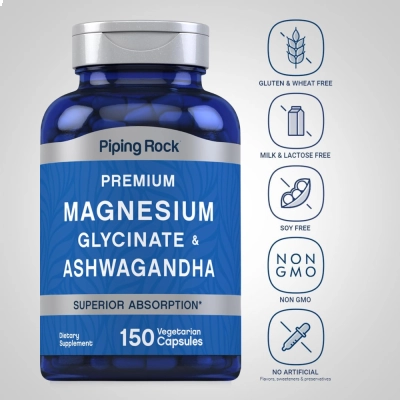 Magnésio Glicinato + Ashwagandha, 150 Cápsulas- Piping Rock