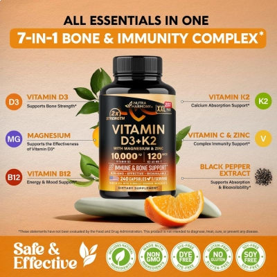 Vitamin D3 + K2 Extra Strength, 10000mg, 240 Cápsulas, Nutraharmony 