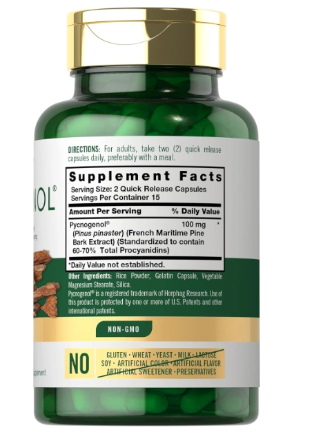 Pycnogenol 100mg, Com Casca de Pinheiro Marítimo,  30 Cápsulas, Carlyle