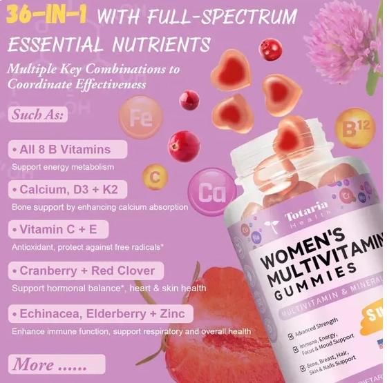 Multivitamínico Feminino, 60 Gomas Sabor Morango Sem açúcar, Totaria Health