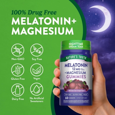 Melatonina + Magnésio, 12mg, Sabor Uva, 60 Gomas, Natures Truth