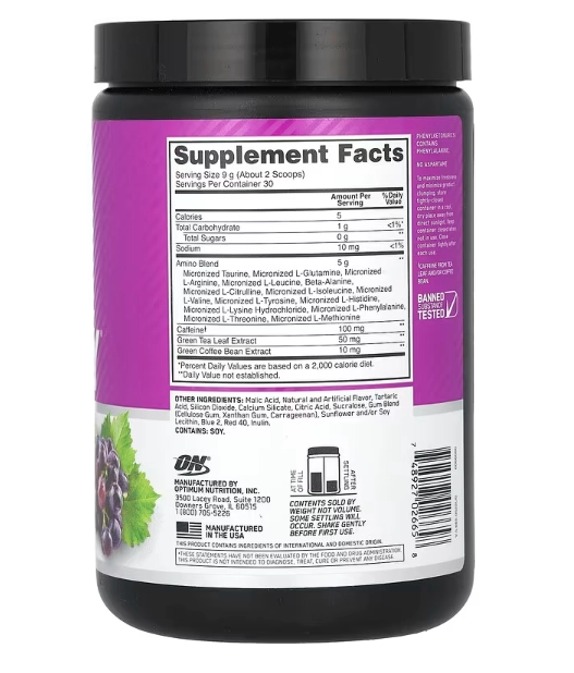 Essential AMINO Energy, Sabor Uva de Concórdia, 270g, Optimum Nutrition
