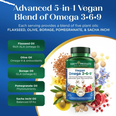Ômega 3-6-9 Vegano e Vegetariano, 60 Cápsulas, Purity Products