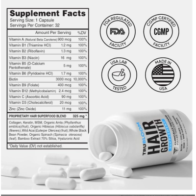 Hair growth, Vitaminas para o Crescimento Capilar, 32 Cápsula, TruBloom