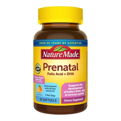 Pré-Natal Ácido Fólico + DHA, Sabor Laranja, 60 Cápsulas, Nature Made