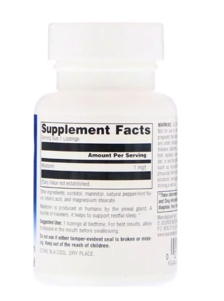 Melatonina 1mg, 100 Pastilhas Sublingual, Sabor Peppermint, Source Naturals