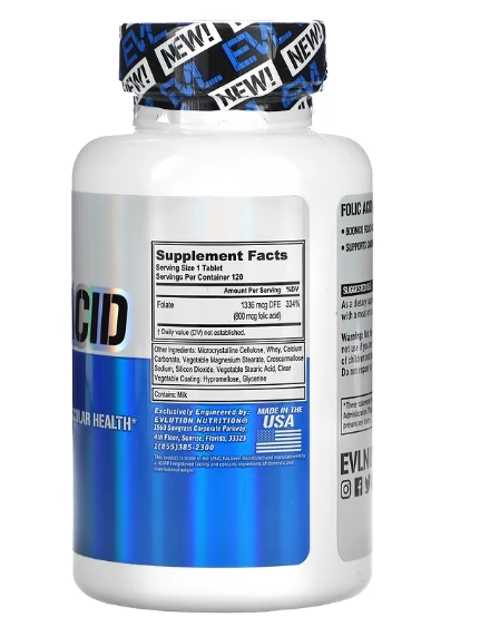 Folic Acid, Ácido Fólico, 800mcg, 120 Comprimidos, EVLution Nutrition