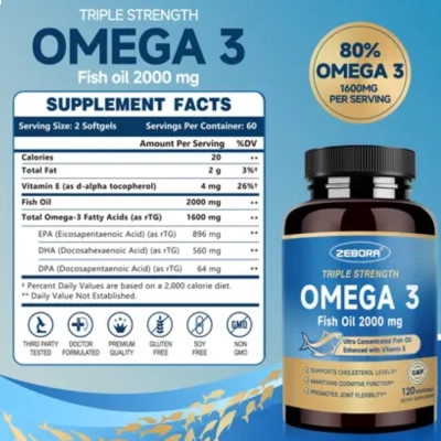 Omega 3 Fish Oil, 2000Mg, 120 Softgels, Zebora 