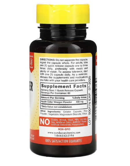 Apple Cider Vinegar, Vinagre de Maçã, 450 mg, 60 Cápsulas, Sundance