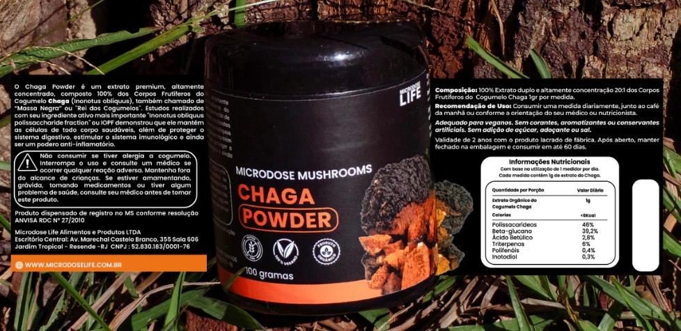 Cogumelo Chaga, 100g Extrato em Pó, Microdose Life