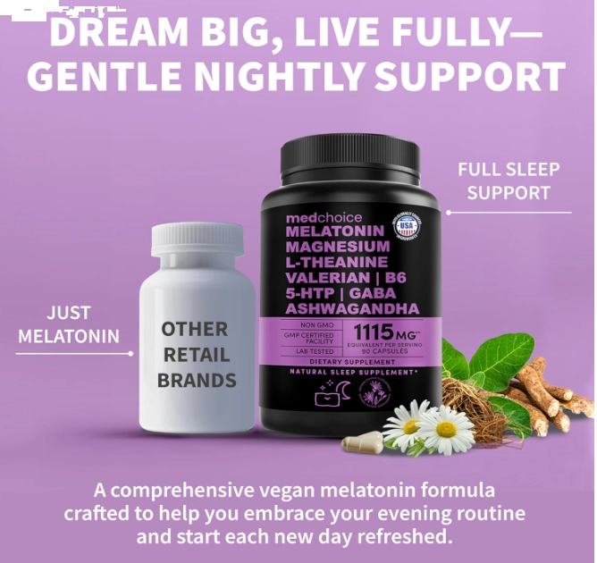Melatonina 5mg, 12 em 1 com Magnésio, GABA, 5-HTP, Ashwagandha e L-teanina, 1115mg, 90 Cápsulas, MedChoice