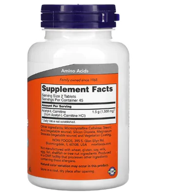 Acetil-L Carnitina, 750mg, 90 comprimidos, Now