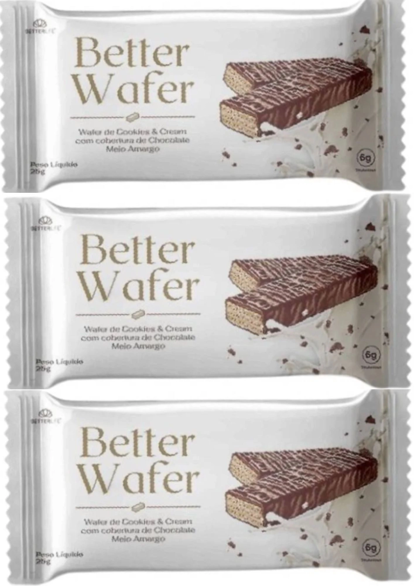 Better Wafer Proteica, Sabor Cookies & Cream com Cobertura de Chocolate Meio Amargo, 3 Unidade 25g Cada, Betterlife