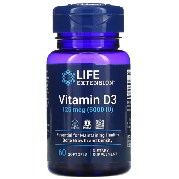 Vitamina D3, 5000IU, 60 Cápsulas, Life Extension