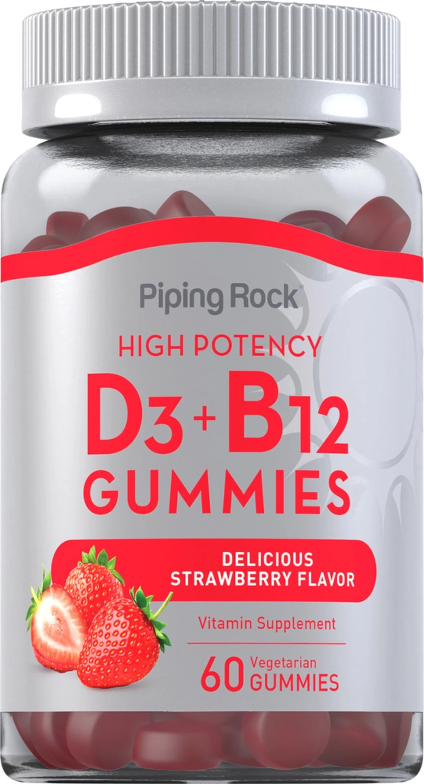 Vitamina D3 + B12,  60 Gomas Sabor Morango, PipingRock