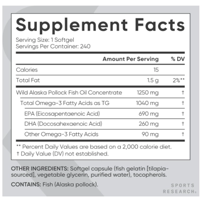 Ômega 3 Tripla Potência, Óleo de Peixe 1250 mg, 240 Cápsulas, Sports Research