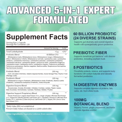 Probiótico + Prebiótico + Pós-biótico + Enzimas Digestivas, 120 Cápsulas, Totaria Health