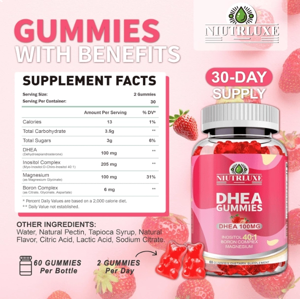 DHEA 100mg, com Boro, Inositol e Magnésio, 60 Gomas, Niutrluxe