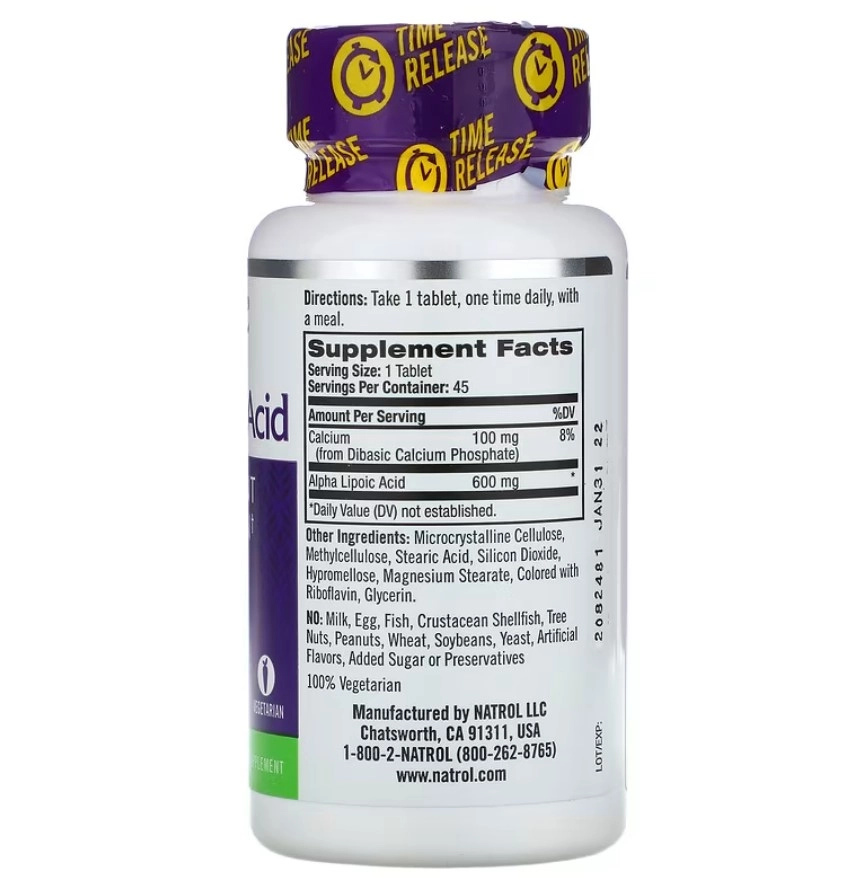 Ácido Alfa Lipoico, Liberação Gradual, 600 mg, 45 Comprimidos, Natrol