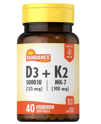 Vitamina D3 5000IU + K2 100mcg, 40 Cápsulas, Sundance