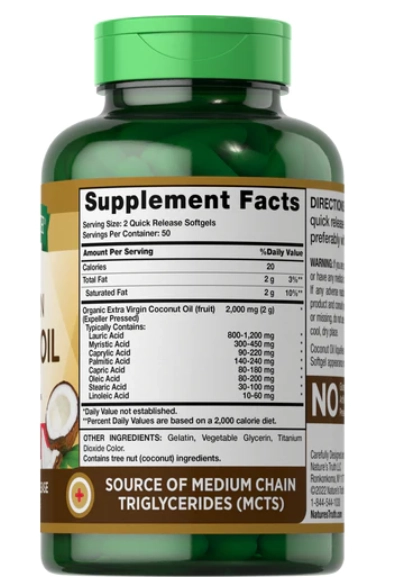 Óleo de Coco Extra Virgem, 2000mg, 100 cápsulas, Nature's Truth