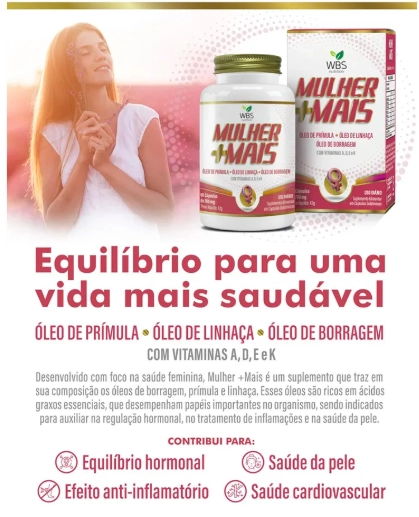 Mulher + Mais  com Primula, Linhaca, Borragem e Vitamina A, D, E, K, 60 Capsulas, Flora Nativa