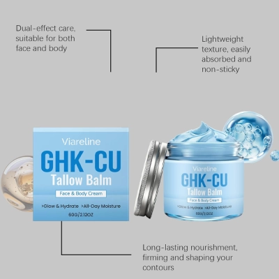 GHK-Cu Tallow Balm, Creme Facial e Corporal com Peptídeos de Cobre, 60g, Viareline