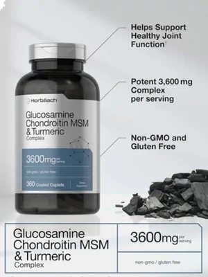 Glucosamina e condroitina com MSM e Cúrcuma, 3600mg, 360 Cápsulas, Horbaach