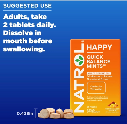 Quick Balance Happy Mints, Suplemento para alívio do estresse, 30 balas, Natrol