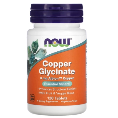 Copper Glycinate 3mg, Glicinato de Cobre, 120 Comprimidos, Now