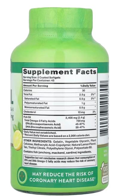 Fish Oil, Óleo de Peixe 2400mg, 90 Cápsulas Sabor Limão, Nature's Truth