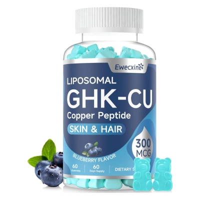 Peptídeo de Cobre GHK-Cu, 300mcg, Beleza da Pele, Cabelos e Unhas, 60 Gomas Sabor Blueberry, Ewecxine