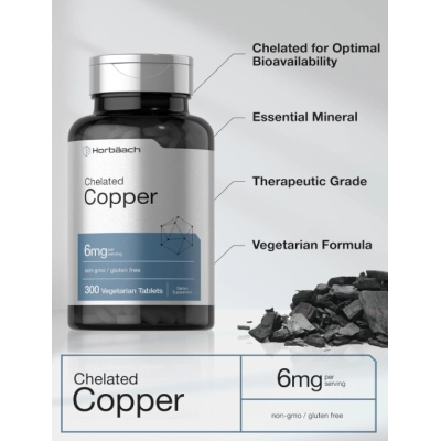 Chelated Copper, Cobre Quelatado 6mg, 300 Comprimidos, Horbäach