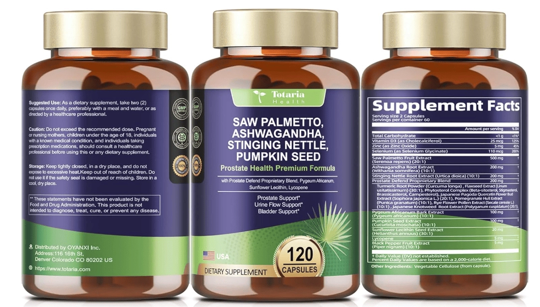 Saw Palmetto Com Ashwagandha, Stinging Nettle e Pumpkin Seed, 120 Capsulas, Totaria Health