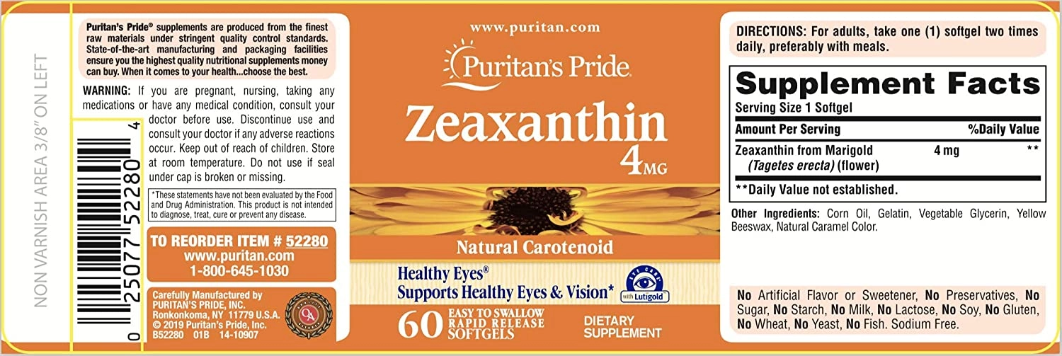 Zeaxanthin 4mg, 60 Cápsulas, Puritans Pride