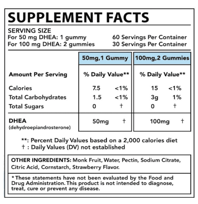 DHEA 100mg e 50mg, 60 Gomas Sabor Morango sem açúcar, Holística MD