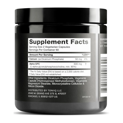 Alpha GPC 600mg, Energia Mental, Concentração e Desempenho Cognitivo, 120 Cápsulas, Toniiq