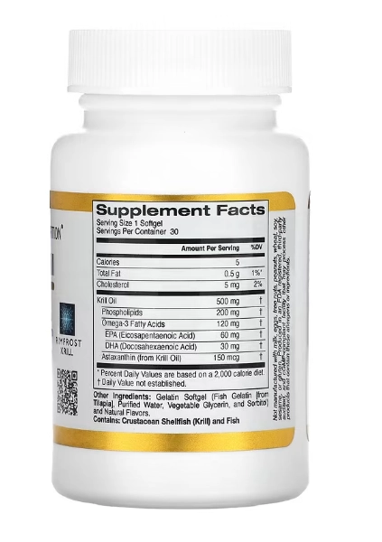 Óleo de Krill Antártico, Ômega-3, 500mg, 30 Cápsulas, California Gold