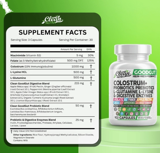 Colostrum+ Probióticos, Prebióticos, L-glutamina, Enzimas, Folato e Fibra, 90 Cápsulas, Clean Nutraceuticals