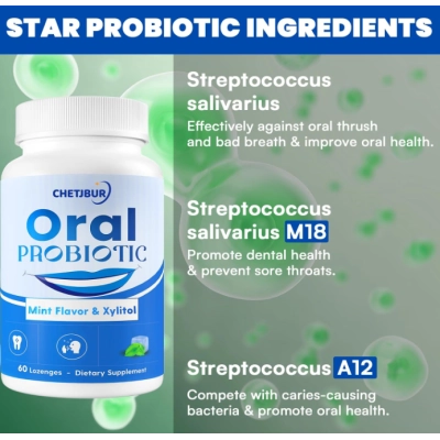 Oral Biotic, Probióticos orais, 11 bilhões de UFC, com M18, A12, para Mau Hálito, 60 Comprimidos Mastigáveis, Chetjbur