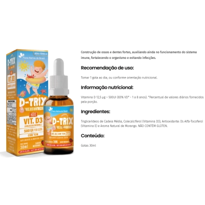 Kit 3 Unidades, D-trix Vitamina D3 500UI por Gota, Sabor Morango 30ml - Flora Nativa do Brasil