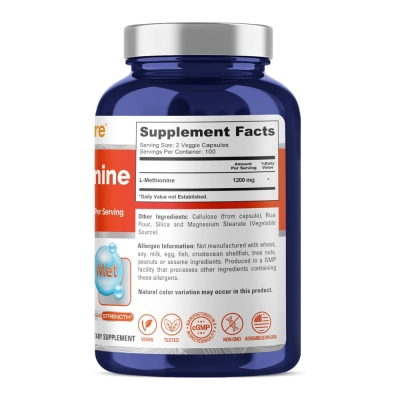 L-Methionine 1200mg, 200 Cápsulas Veganas, NusaPure