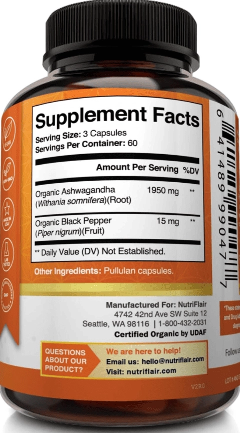 Ashwagandha Orgânica 1950mg, 180 Cápsulas, Nutriflair